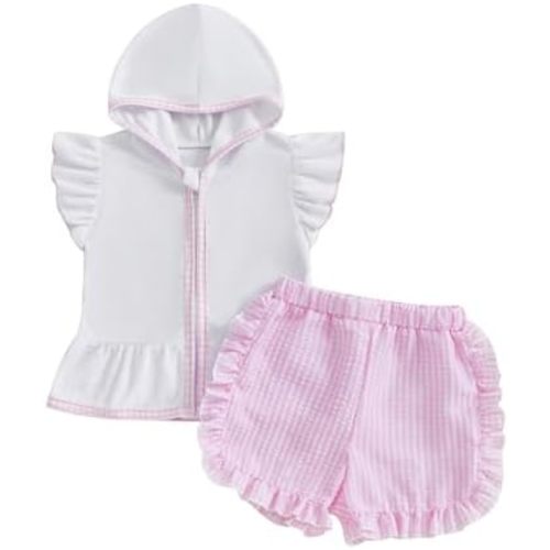 Mobbdow Toddler Baby Girl Swimsuit Bathing Suit Coverup Terry Cloth Flutter Sleeve Zipper Hooded Tops Plaid Ruffle Shorts Set