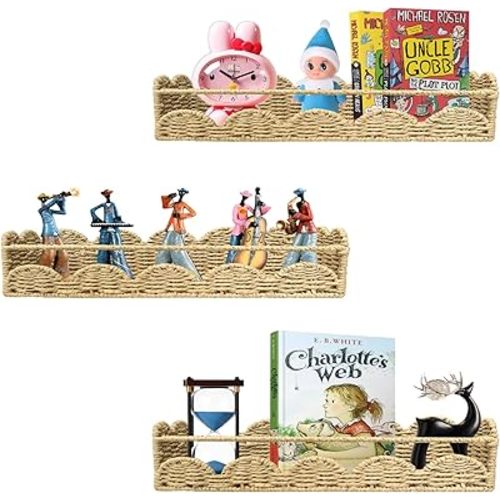 Wicker fan-shaped floating bookshelf, seashell-shaped children's room No drilling required wall shelf, bohemian-style wall-mounted storage shelf, photo shelf – suitable for children's room decoration.