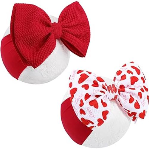 Valentines Baby Bow Headbands for Girls Waffle Tied Bow Hairbands Handmade Cute Red Love Heart Head Wraps Hair Accessories for Infant Toddler Kid 2Pcs