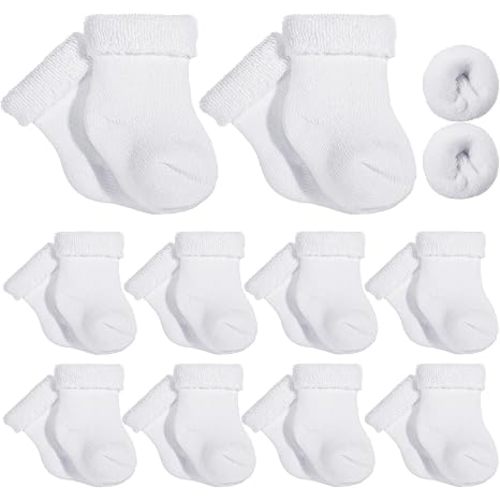 Twistover 10 Pairs Preemie Cotton Turn Cuff Socks, White, 0-3 Month