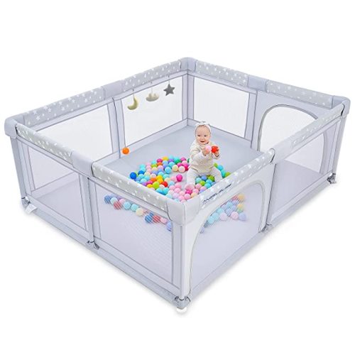 Baby Playpen, ANGELBLISS Playpen for Babies and Toddlers, Extra Large Play Yard with Gate, Indoor & Outdoor Kids Safety Play Pen Area with 3 Plush Toys, Star Print (Grey, 71"×59") - X-Large (71×59in)