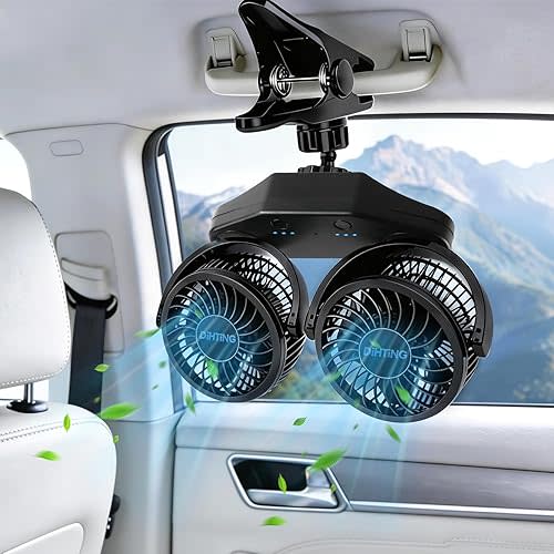 Battery Powered Clip Car Fans, 3-Speed Dual Head Clip Car Cooling Fan for Backseat, Independent Switches, 360° Rotatable Rechargeable Fans with USB Plug for Vehicles RV SUV Truck Golf Cart Stroller