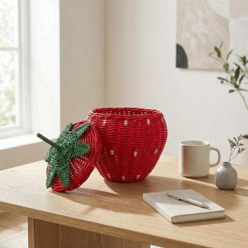 Hand Woven Strawberry Rattan Storage Basket with Lid Decorative Bin Home Decor Shelf Organizer Cute Handmade Handcrafted Gift