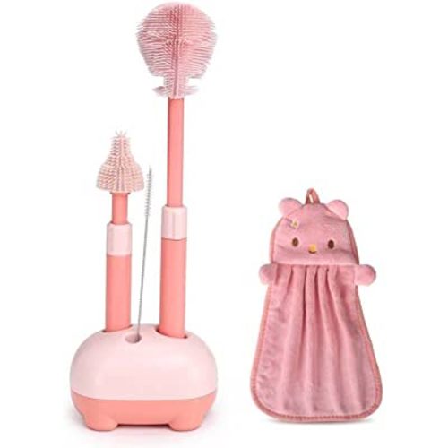 VOOWO Baby Bottle Brush, Telescopic Silicone Bottle Brush with Long Handle, Bottle Cleaner Brush with Nipple & Straw Cleaner Included Stand and Towel, for New Mom (Pink)