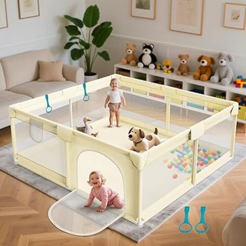 64x64 in Baby Playpen for Babies and Toddlers - Indoor and Outdoor Extra Large Baby Play Pen with Soft Breathable Mesh & External Zipper Door - Play Yard with 2 Handles for Walking Playing, Beige