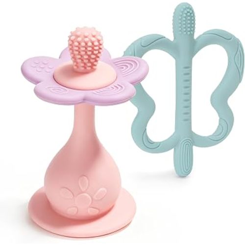 Baby Teething Toys, 2-Pack Silicone Teether Set for Babies 3-24 Months