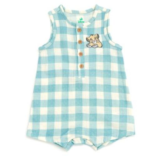 Disney Lion King Baby Boys' Embroidered Gingham Sleeveless Snap-Up Shorty Coverall Sage Green Simba 6-9 Months