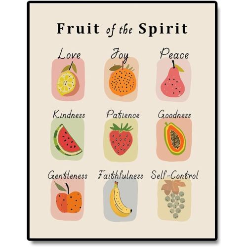 Fruit of the Spirit Wall Art, Fruit Art Print, Retro Christian Home Decor, Vintage Scripture Print, Bible Verse Wall Art, School Kids Decor Homeschool Christian Decor, Unframed Print (11 x 14 in)