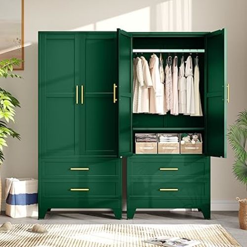 Metal Armoire Wardrobe Closet Storage Cabinet with Hanging Rod,71'' Metal Wardrobe Cabinet with 2 Drawers and Adjustable Shelf,2 Doors for Bedroom, Laundry Room, Cloak Room