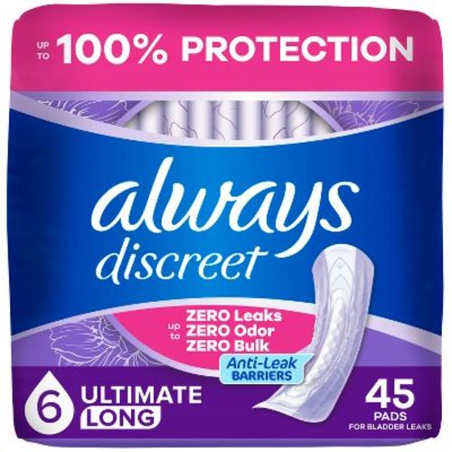 Always Discreet Incontinence and Postpartum Incontinence Pads for Women - Extra Heavy Absorbency - Long Length - 45ct