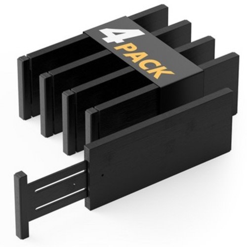 Set of 4 Bamboo Dresser Drawer Dividers: Adjustable from 12.5” to 17”, Black