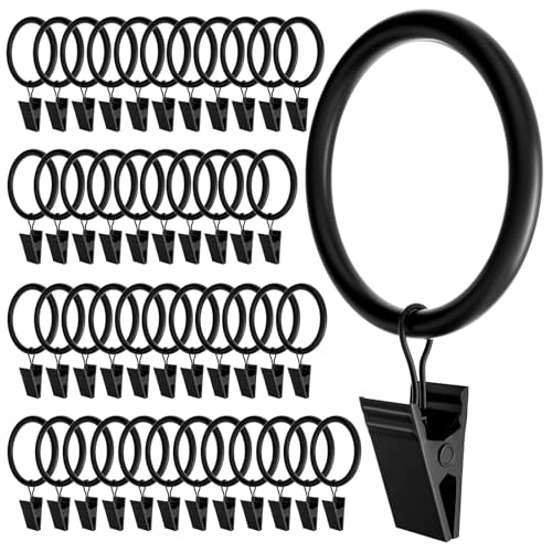 Homyplaza 44 Pack Black Curtain Rings with Clips, Curtain Hooks for Hanging, Heavy Duty Drapery Rings, Polish Rustproof Curtain Clips Hangers for Drapes, 1.26" Interior Diameter, Fits up to 1.14" Rods