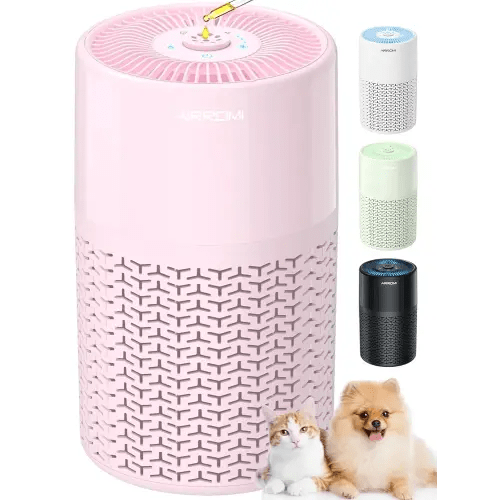 AIRROMI Pets Air Purifier for Home Allergies,Up to 660 ft².Yellow Deodorizing Activated Carbon Filter,With Fragrance Sponge for Better Sleep,Night Light,Pet Dander,Smoke,Odors,Air Cleaner A2002 Pink