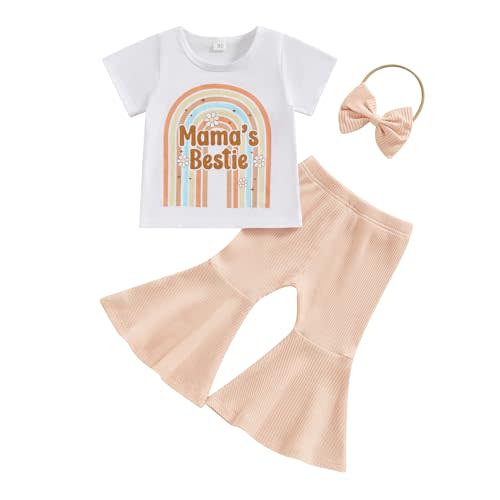 Fernvia Toddler Baby Girl Clothes Summer Crew Neck Letters Print T-Shirt with Flare Pants Headband 3Pcs Outfits Set (J Apricot Pink White, 6-12 Months)
