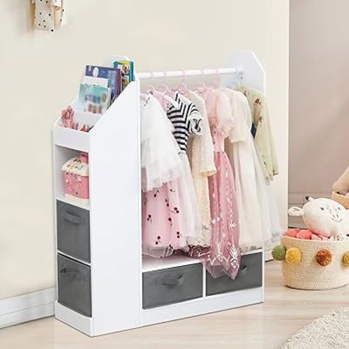Karl home Dress up Storage w/Mirror, Kids Costume Organizer, 42.13 Inch Portable Closets with Large Storage Space, Open Armoire Closet, for Children Bedroom Party Nursery, White