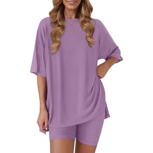 RUBZOOF Women's 2 Piece Lounge Sets 2026 Casual Summer Airport Travel Outfits Oversized Shirts Biker Shorts Matching Clothing