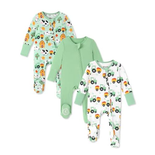 PATPAT 3 Pack Bamboo Viscose Baby Footed Pajamas with Anti-Grips, NB-2T | Fold-Over Mittens, 2-Way Zipper, Super Soft Fiber, Stretchy and Breathable