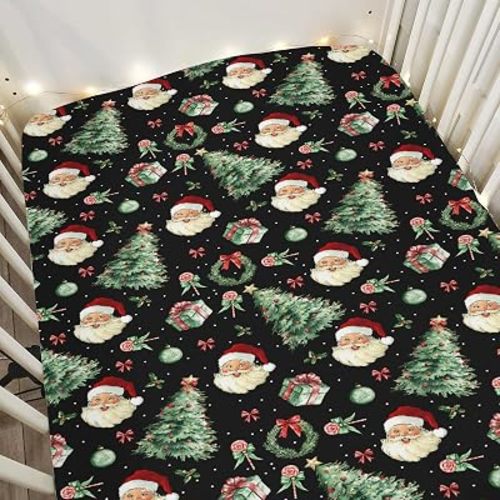 Vintage Santa Christmas Trees Baby Crib Sheets for Boy Girl 52"x28" Santa Claus Trees Fir Bows Gift Soft Snug Fitted Crib Mattress Cover Winter Holiday Baby Sheet for Standard Crib & Toddler Mattress