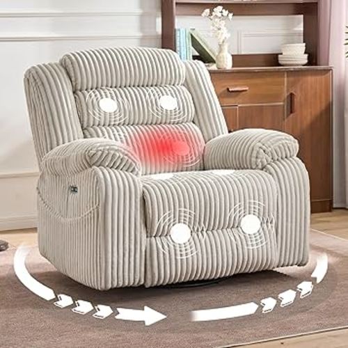 Extra Wide Power Swivel Rocker Recliner for Adults with Heat Massage, USB & Type-C Charging, Electric Glider Rocking Chair for Living Room Nursery Bedroom Office