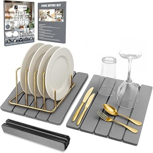 Large Foldable Stone Dish Drying Mat – Diatomaceous Earth, 2 Pack (12"x16" Each) or 24"x16" Combined – Fast Dry, Anti-Slip Pad, Sanding Tool & Instruction Manual for Kitchen and Bathroom, Dark Gray