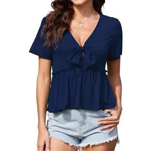 ArtJuly Womens Sexy V Neck Tops Summer Cute Ruffle Shirts Cutout Tie Bow Blouse Short Sleeve Crop Tops