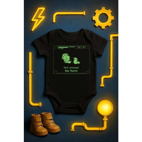 Retro RPG Gamer Baby Bodysuit “New Perk: Nap Master” Vault-Style Interface Nerdy Baby Outfit