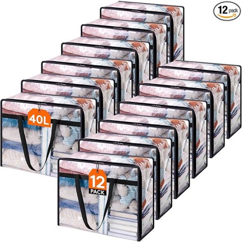 Lifewit 12 Pack Clear Clothes Storage Bags, 40L Plastic Blanket Storage Bag, Vinyl Foldable Moving Bags with Zipper, Closet Organizers and Storage Containers for Bedding, Duvet, Comforter