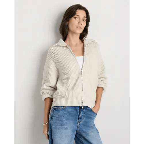 Women's Australian Merino Wool Full Zip Sweater in Heather Bone