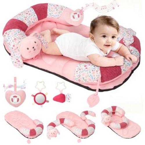 Angel Sar 2-in-1 Tummy Time Mat and Seated Support Pillow, with 5 Sensory Toys, Bunny Baby Floor Seat for Tummy Time and Early Sitting