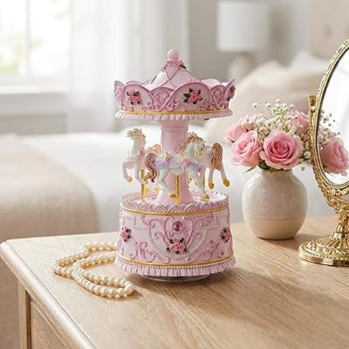 Enchanting Pink Carousel Music Box with LED Lights, Plays Castle in the Sky, Elegant Rotating Horse Figurines, for Girls, Women, and Romantic Occasions, Collectible Home Decor Ornament