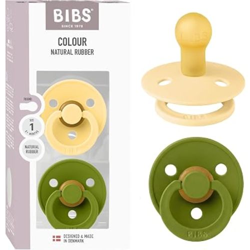 BIBS Colour Pacifier, 0-6 Months, 2-Pack, Round Nipple, Pale Butter/Wasabi