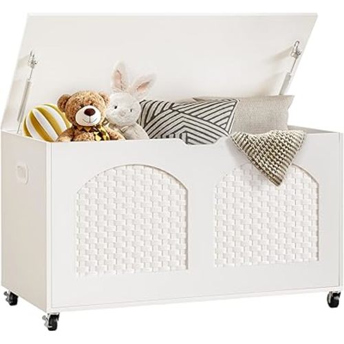 Storage Chest, Rattan-Style Toy Storage Bench with Lid and Wheels, Square Storage Trunk for Entryway, Bedroom, Living Room(White)