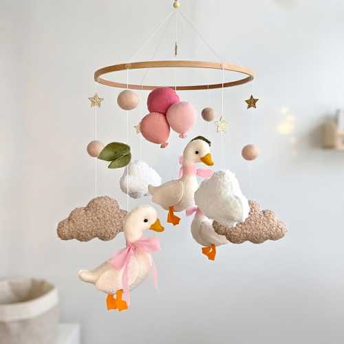 Silly Goose Baby Mobile for Cottagecore Nursery: Girly Balloons & Clouds Hanging Crib Decor, Newborn Cottage Room, Baby Shower Gift