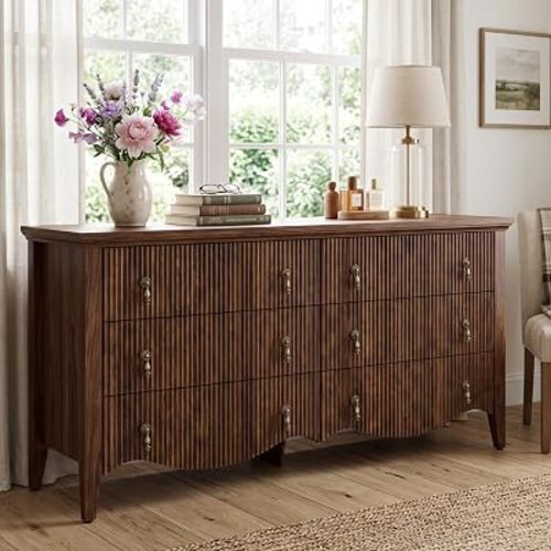 FUSUNBAO 6-Drawer Fluted Dresser, 52" Wide Double Chest of Drawers,Walnut