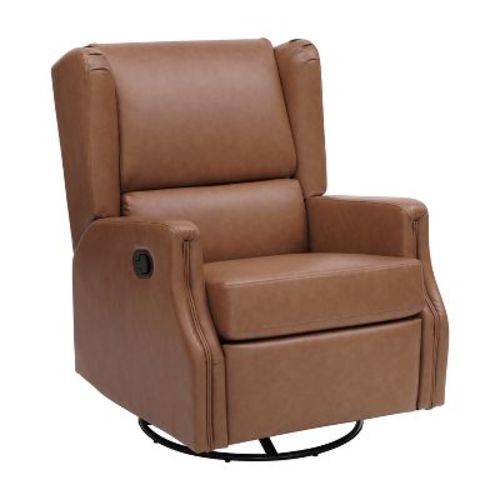 Emma and Oliver Wingback Manual Rocking Glider Recliner with 360° Swivel in Cognac LeatherSoft