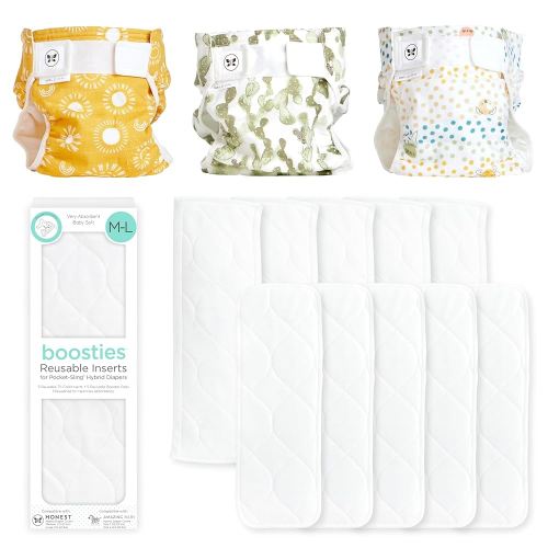 Honest Hybrid Cloth Diaper Cover + Super Boosties Reusable Inserts, Large (22-40 lbs), Cotton Muslin Honest Covers Feature Pocket-Sling, 3 Pack, Boosties Inserts 10 Count