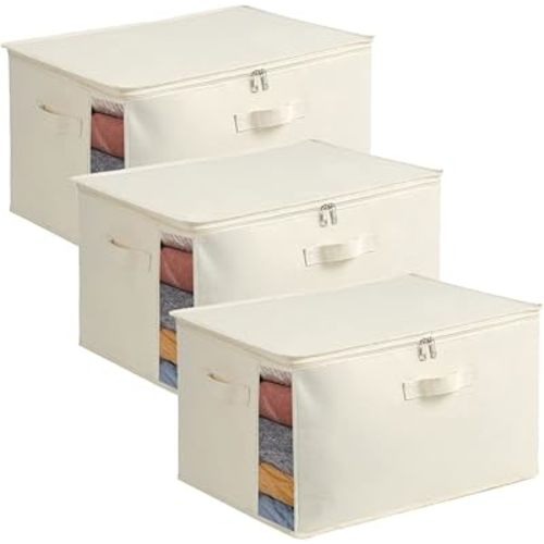 3-Pack Large Canvas Comforter Storage Bags for Clothes Sweater Clothes Organizer with Dual Zipper Three Carrying Handles for Blanket Closet Storage Container