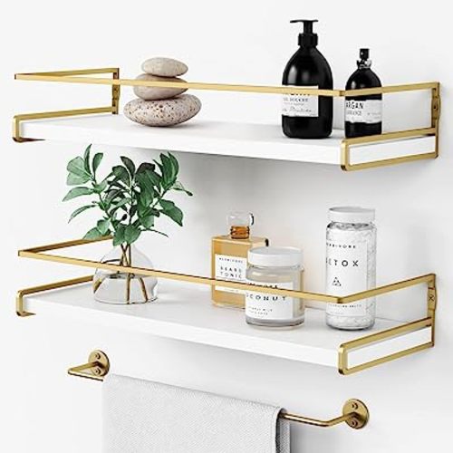 Forbena Floating Bathroom Shelves Wall Mounted, Aesthetic White and Gold Shelves for Bathroom Accessories, Modern Bathroom Organizer with Tower Bar for Wall Decor Storage Small Spaces, Set of 2