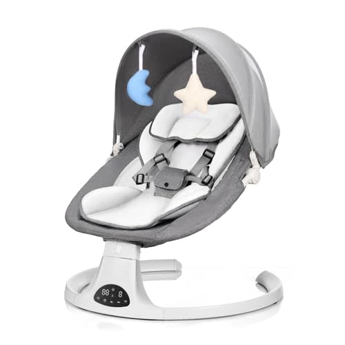Baby Swing for Newborn to Toddler, 5 Speed Portable Infant Swing with Bluetooth Touch, Remote Control, 10 Lullabies, Timer, 5 Point Harness and Soft Fabric (Grey)