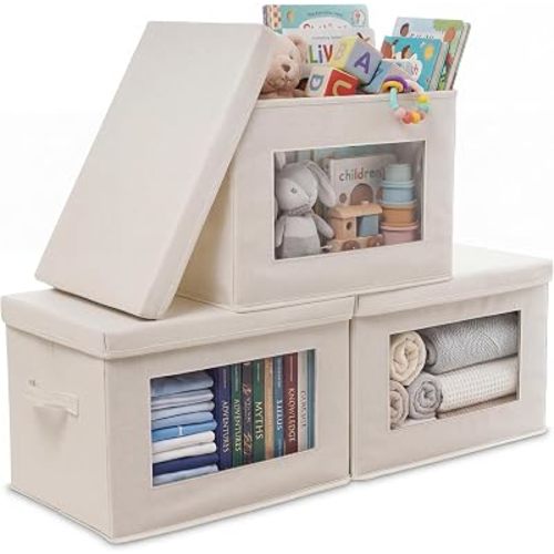 3-Pack Large Storage Bins with Lids & Clear Window, Foldable Fabric Closet Organizer Boxes, Stackable Cube Baskets with Soft Handles for Clothes & Blankets, 17”, Beige