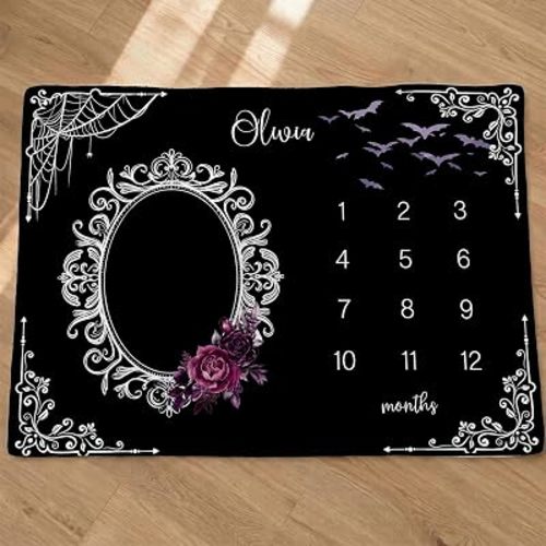 Personalized Gothic Bats Baby Blanket, Monthly Growth Tracker, Custom Name
