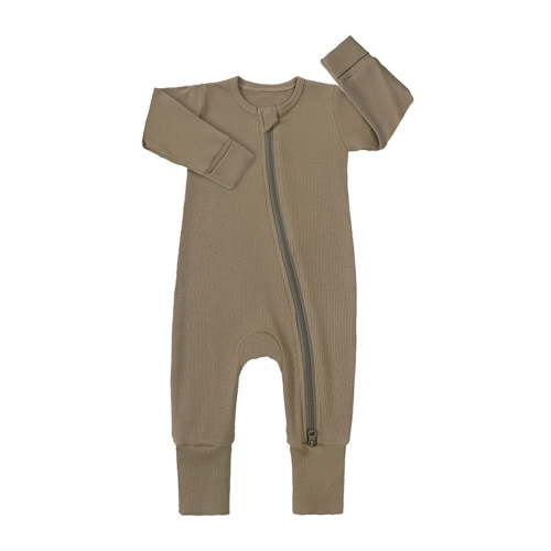 MEZZALL Baby Ribbed Pajamas Girls Boys Zipper Long Sleeve Romper Jumpsuit Classic Loungewear, Khaki, 0-3 Months