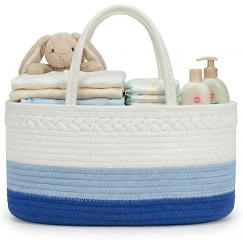 luxury little Diaper Caddy Organizer, Large Cotton Rope Nursery Baby Basket, Changing Table Organizer for Baby Diaper Storage, Portable Car Organizer Removable Divider (Blue, Large)