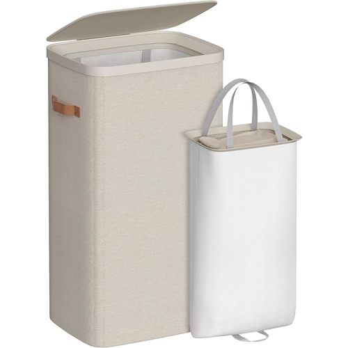 SONGMICS Laundry Basket, 26.4 Gal. Laundry Hamper, Easy Assembly, with Lid and Handles, Removable Liner, 16.5 x 12.6 x 29.5 Inches, Cappuccino Beige ULCB811LH01