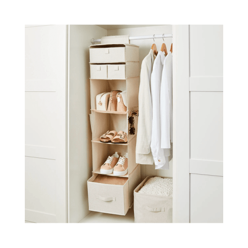 Linen Look Hanging Shelving with Drawers - Beige - Beige - One Size