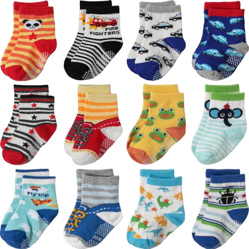 Aroveea Baby Toddle Socks Grip Non Slip Kids Boys Girls Cotton 12 Pack Ankle Cute Newborn Socks
