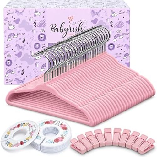 Velvet Baby Hangers with 10x Clips and 8X Dividers (30 Pack) | 11” Ultra-Slim Baby Clothes Hangers | Non-Slip Felt | Space-Saving Nursery & Infant Closet Organizer | Pink
