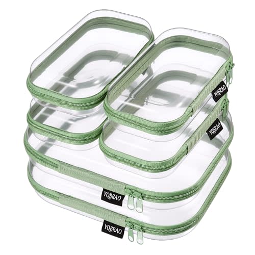 YQBRAO Clear Hard Shell Zipper Cases, 6 Travel Organizers, 2M 4S, Green | Rigid clear shells in two practical sizes separate toiletries, skincare, cosmetics, chargers and frequently used accessories
