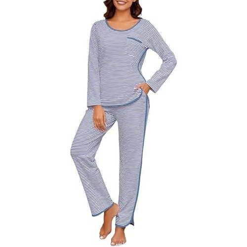 Womens Cotton Pajama Sets Stripe 2 Piece Lounge Set Long Sleeve Comfy Pj Sets Fall Loungewear Sleepwear with Pockets
