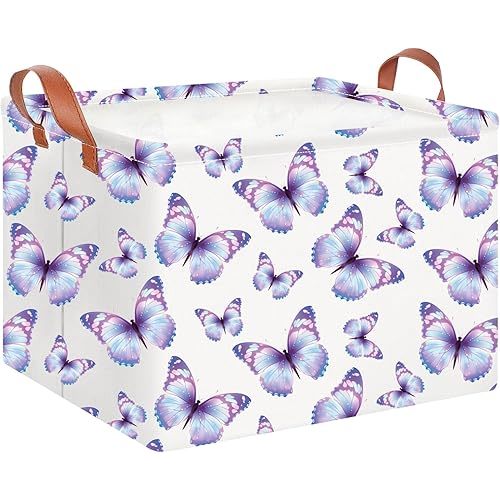 Rectangle Books Storage Basket,Gift Basket Empty with Handles,Cute Organizer Toy Bin,Room Decor(Purple Butterfly)